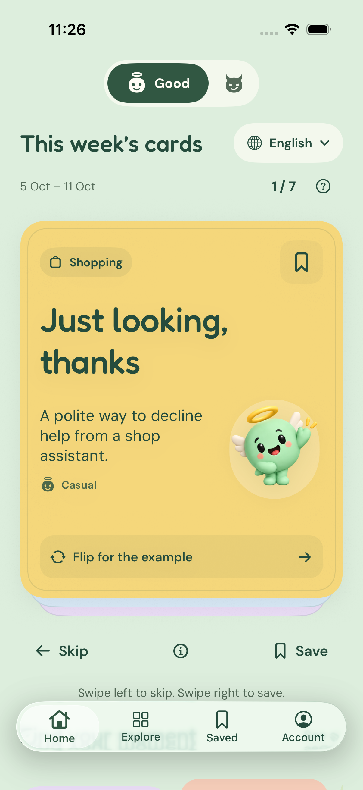 Flipling’s weekly card: Just looking, thanks, with Good Pip and a floating navigation bar